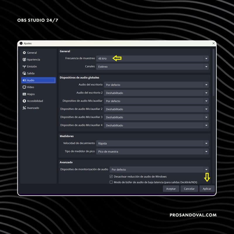 Configuración de Audio - OBS Studio 24/7 streaming live rtmp