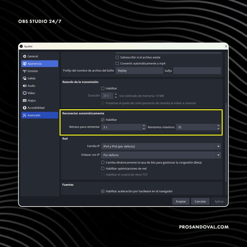Reconexión automática - OBS Studio 24/7 streaming live
